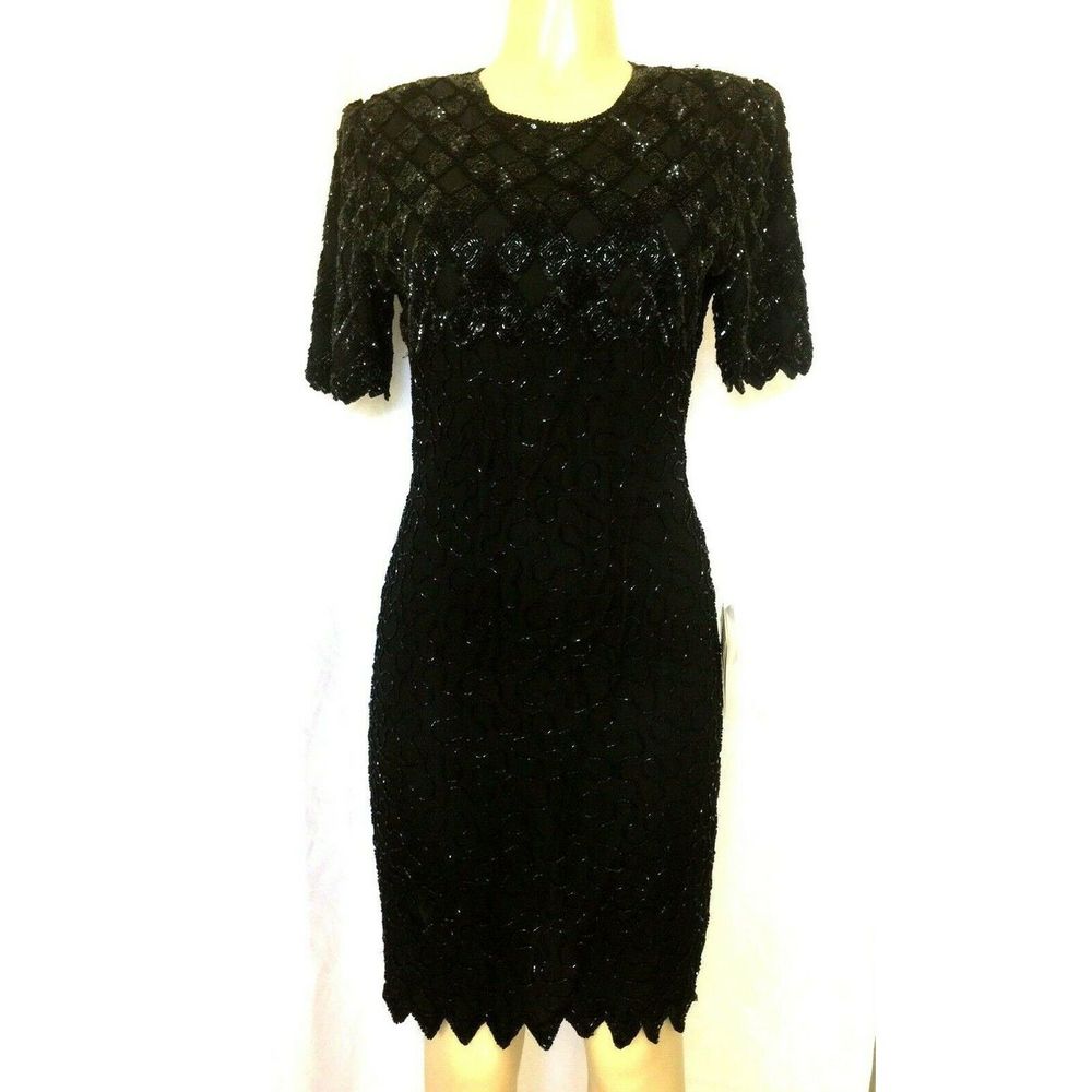 Laurence Kazar Sequin Bead Dress Black Mini Sheath